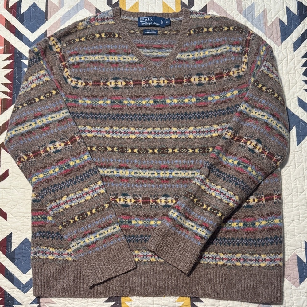 Polo by Ralph Lauren Brown Multi-Color Fair Isle V-Neck Sweater